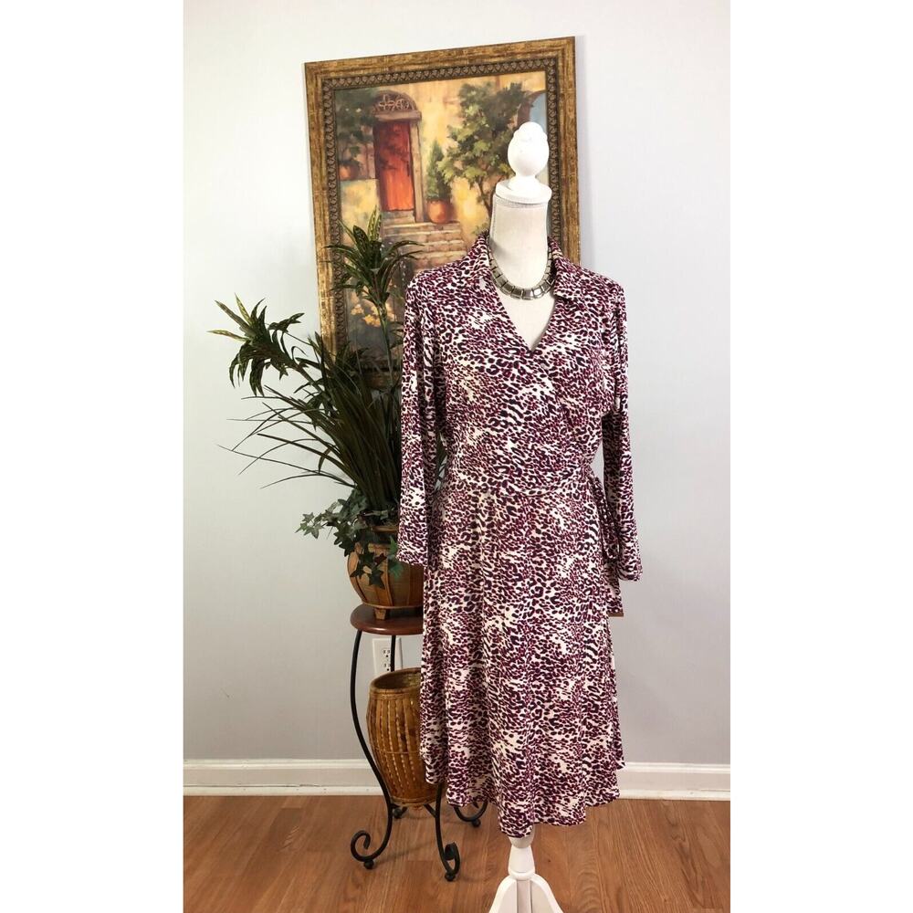 Tommy Hilfiger Wrap Dress Women's Large Leopard Print Surplice Neck Tie Waist‎